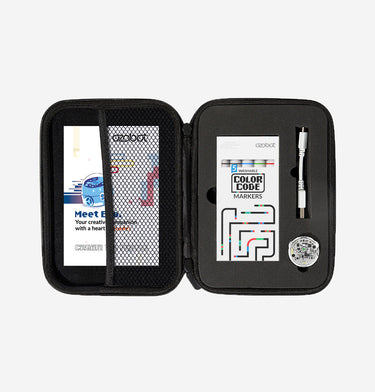Ozobot Evo Kit Contents: Robot, Markers, and Charging Cable